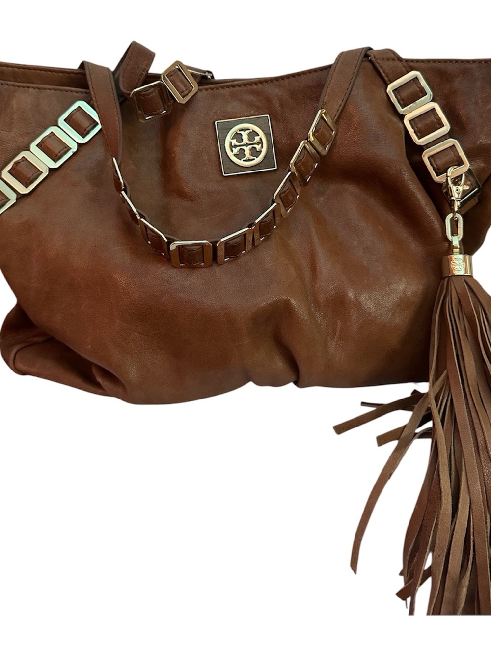 Tory Burch Saddle Brown Leather Tote with Tassel and Chain Accents